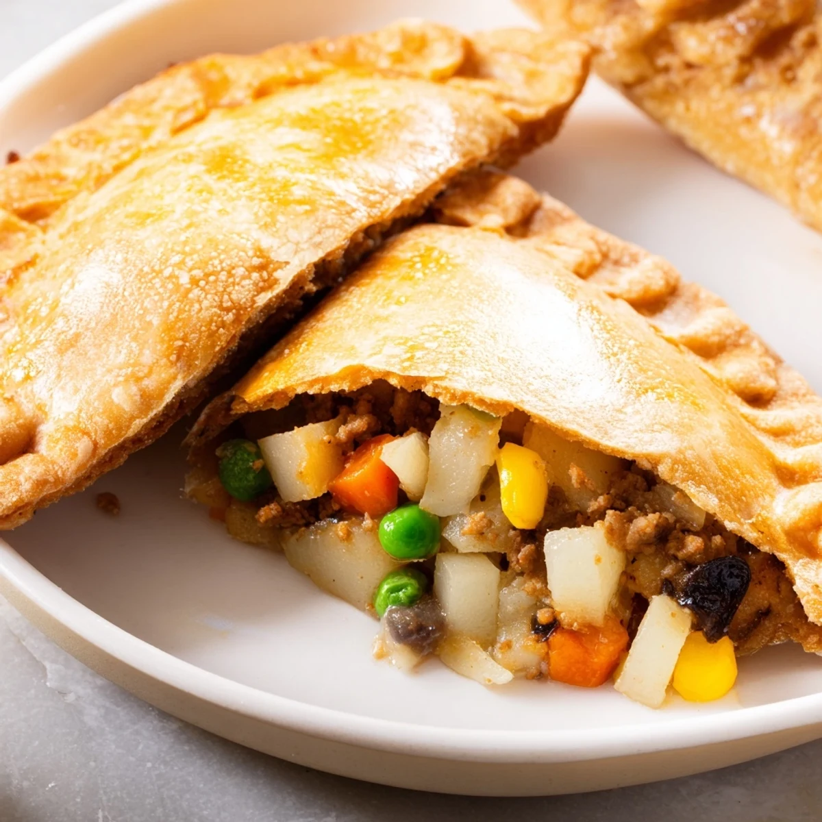 Flaky baked Filipino empanada pastry filled with ground pork, raisins, and diced vegetables