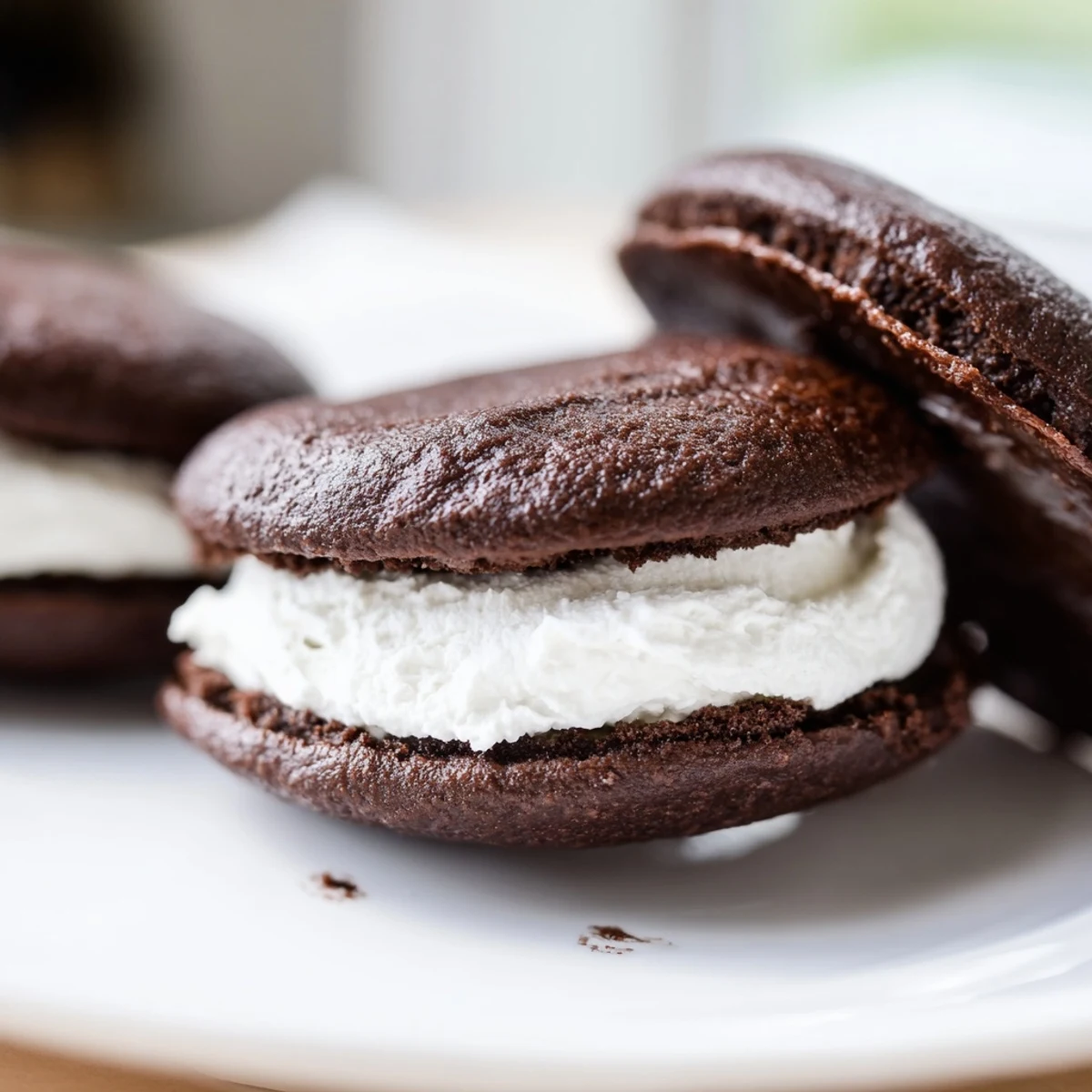 Soft chocolate whoopie pies filled with fluffy white marshmallow cream stacked on a white plate