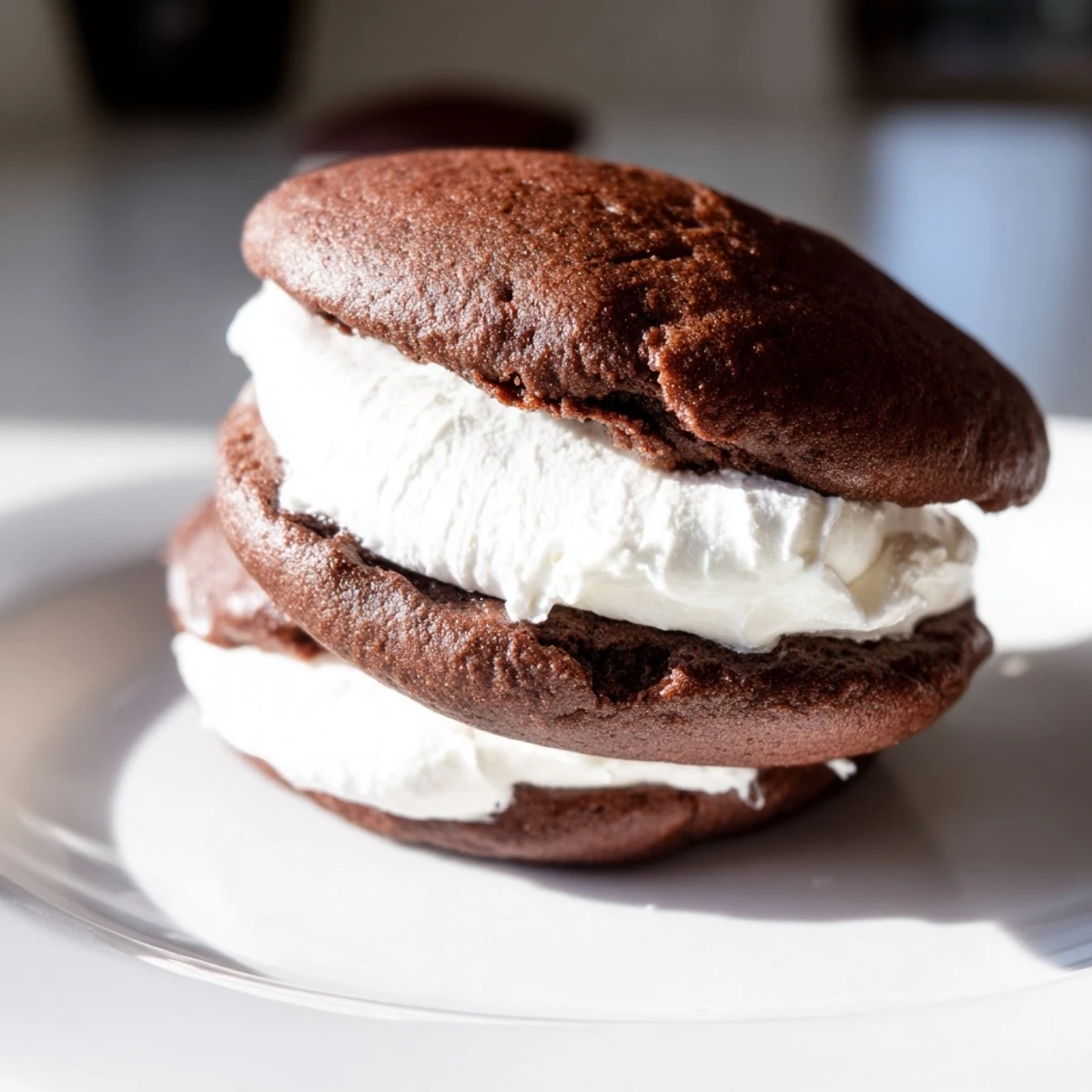 Homemade whoopie pies featuring two dark chocolate cake-like cookies sandwiching sweet marshmallow frosting