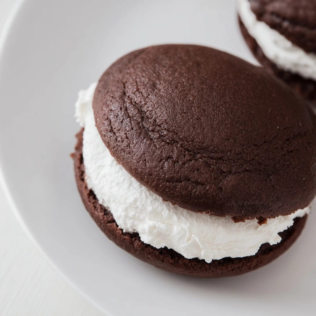 Two-bite chocolate whoopie pies with creamy marshmallow filling ready for dessert serving