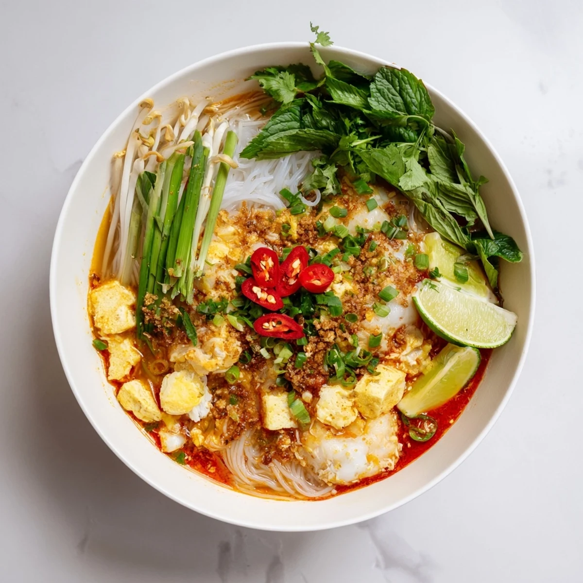 Steamy bowl of Vietnamese Bun Rieu Crab Noodle Soup with fluffy crab egg floats, tomatoes, and fresh herbs garnished generously