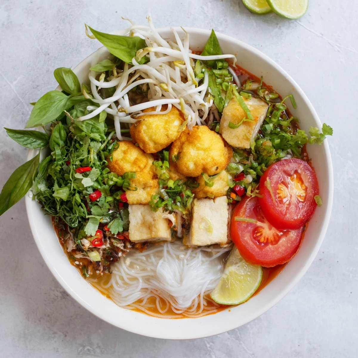 Golden red broth Vietnamese Bun Rieu Crab Noodle Soup topped with cilantro, bean sprouts, and lime wedges for bright tangy flavor