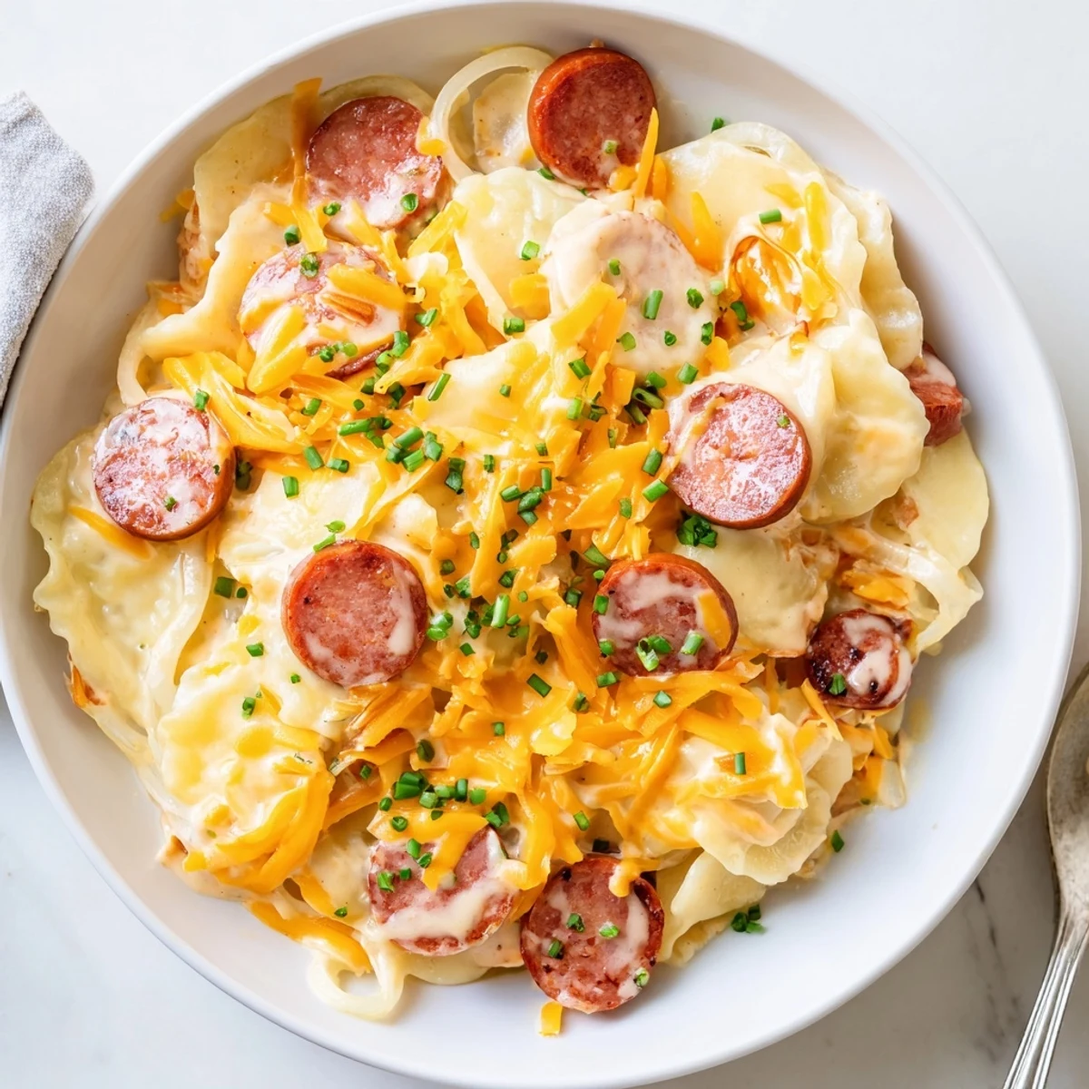 Hearty Pierogi Casserole layers with smoky kielbasa and creamy sauce topped with fresh chives