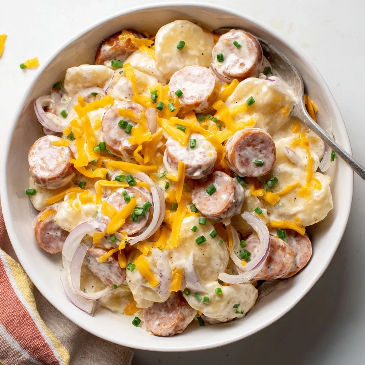Spoonful of cheesy Pierogi Casserole with tender pasta and sausage in a white serving bowl