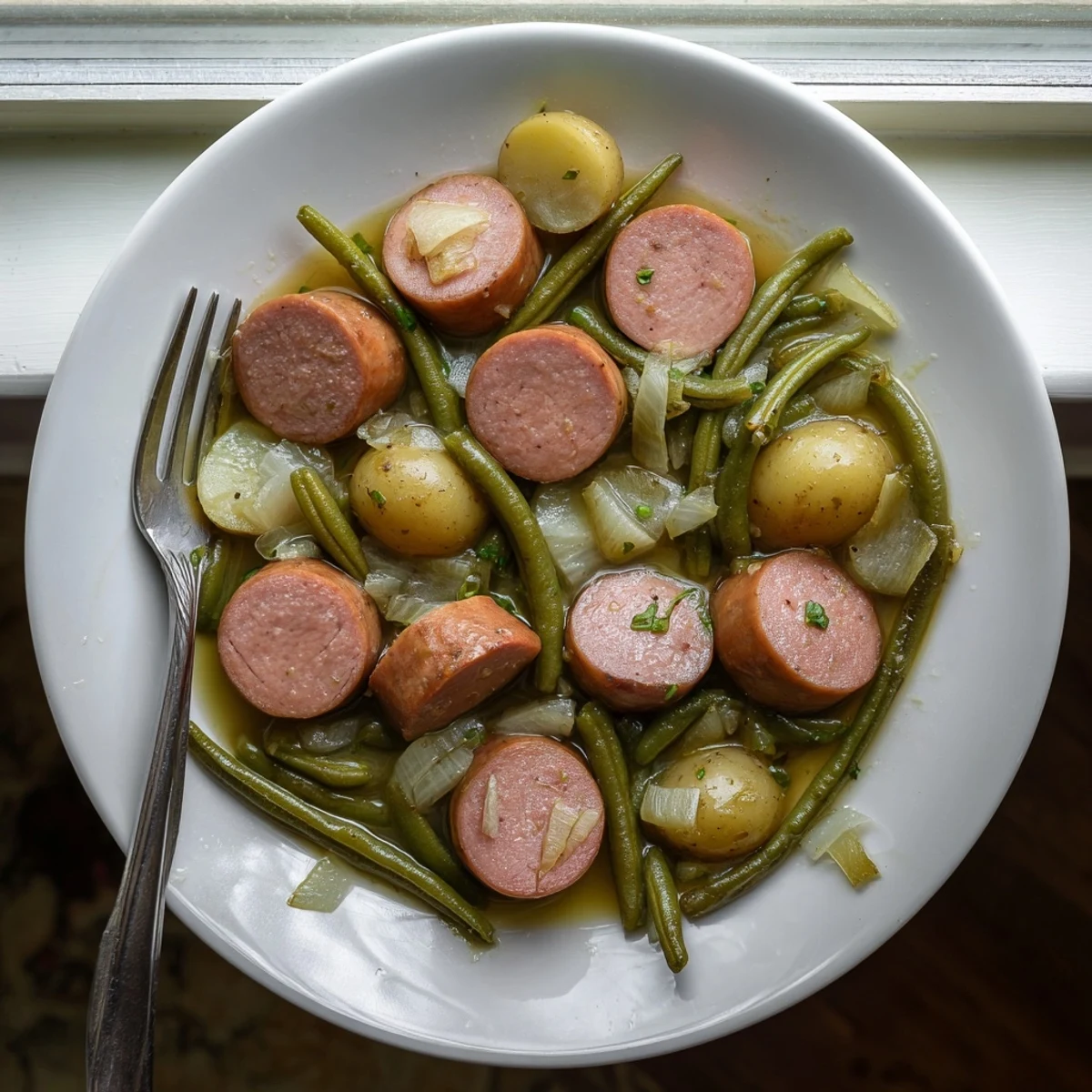 Crockpot Kielbasa and Green Beans simmering with baby potatoes in a slow cooker filled with savory broth