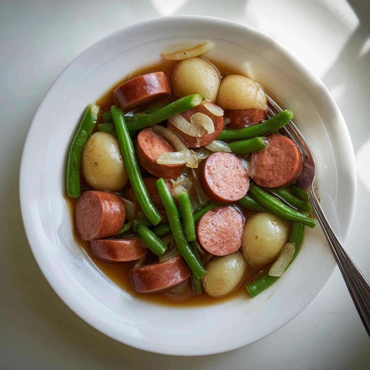 Comforting Crockpot Kielbasa and Green Beans plated with crisp-tender beans and potatoes in a rich, seasoned broth