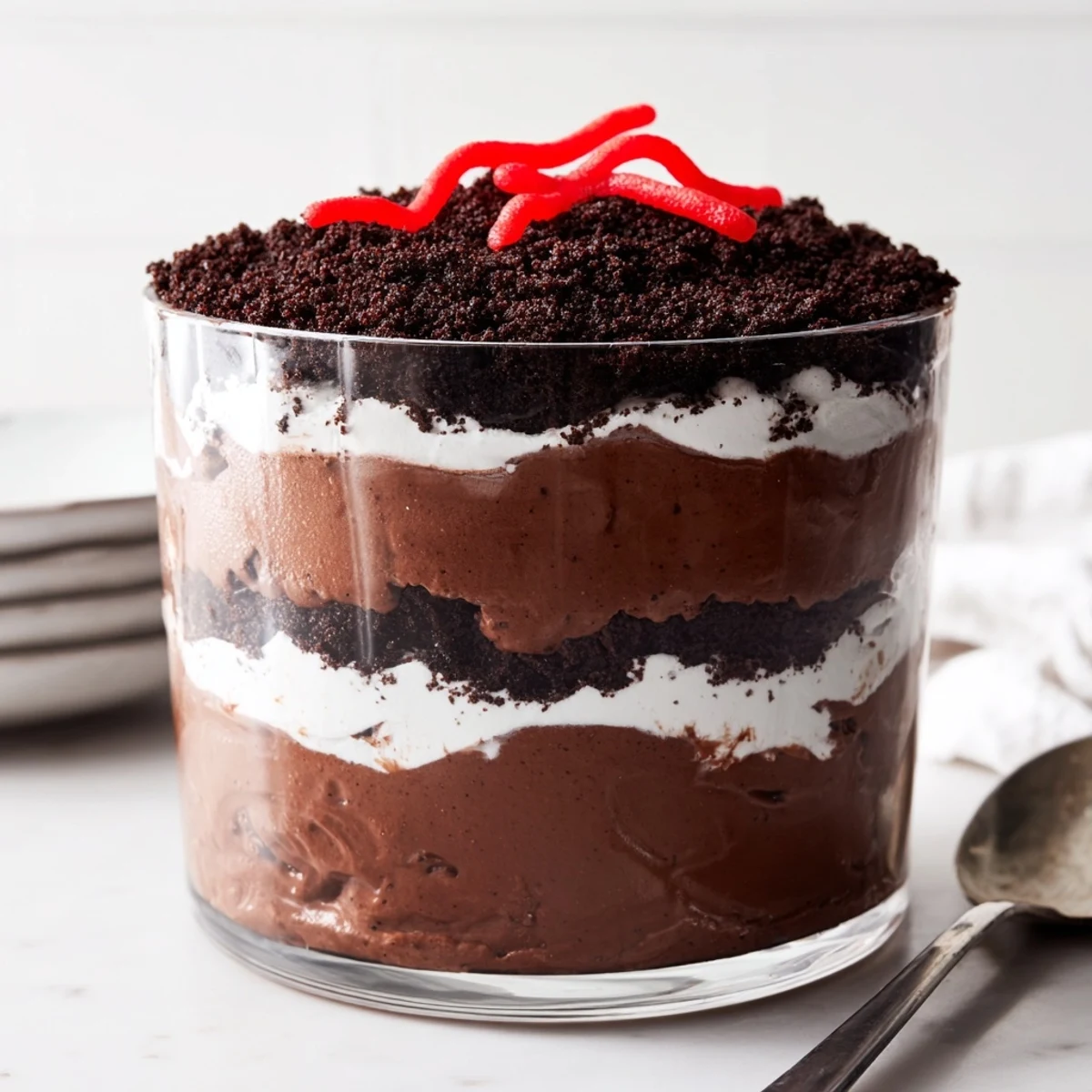 Glass dish showcasing layered keto dirt cake with chocolate pudding, whipped cream, and dark crumble topping