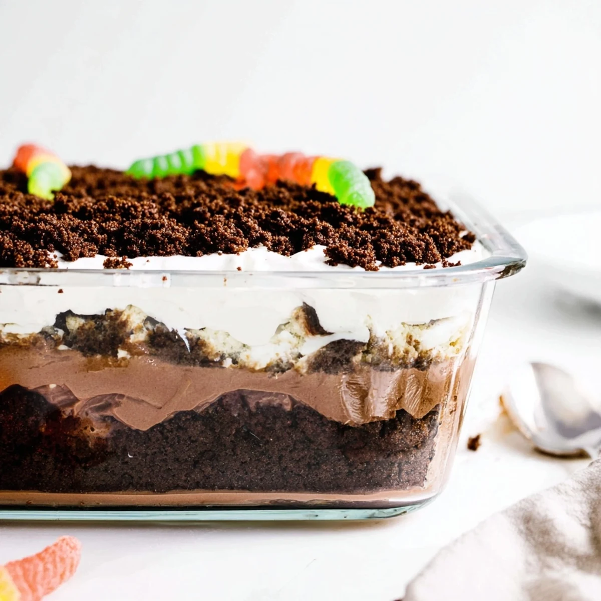 Rich low-carb dirt cake featuring creamy chocolate layers topped with crunchy almond cocoa soil in clear serving dish