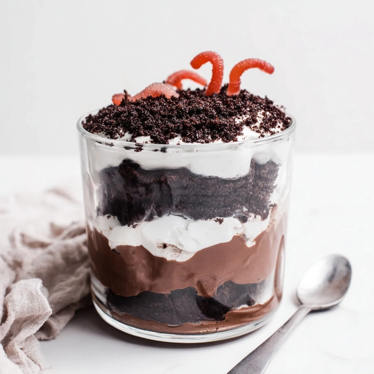 No-bake keto chocolate dessert with fluffy whipped cream and dirt-like crumble garnish in individual glass jars