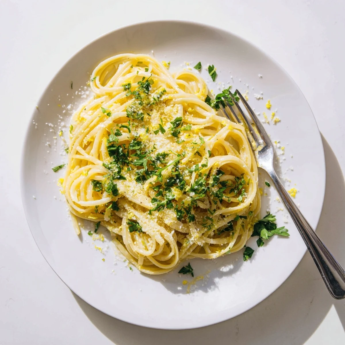 Creamy one pot garlic butter pasta coated in golden parmesan sauce with fresh parsley garnish
