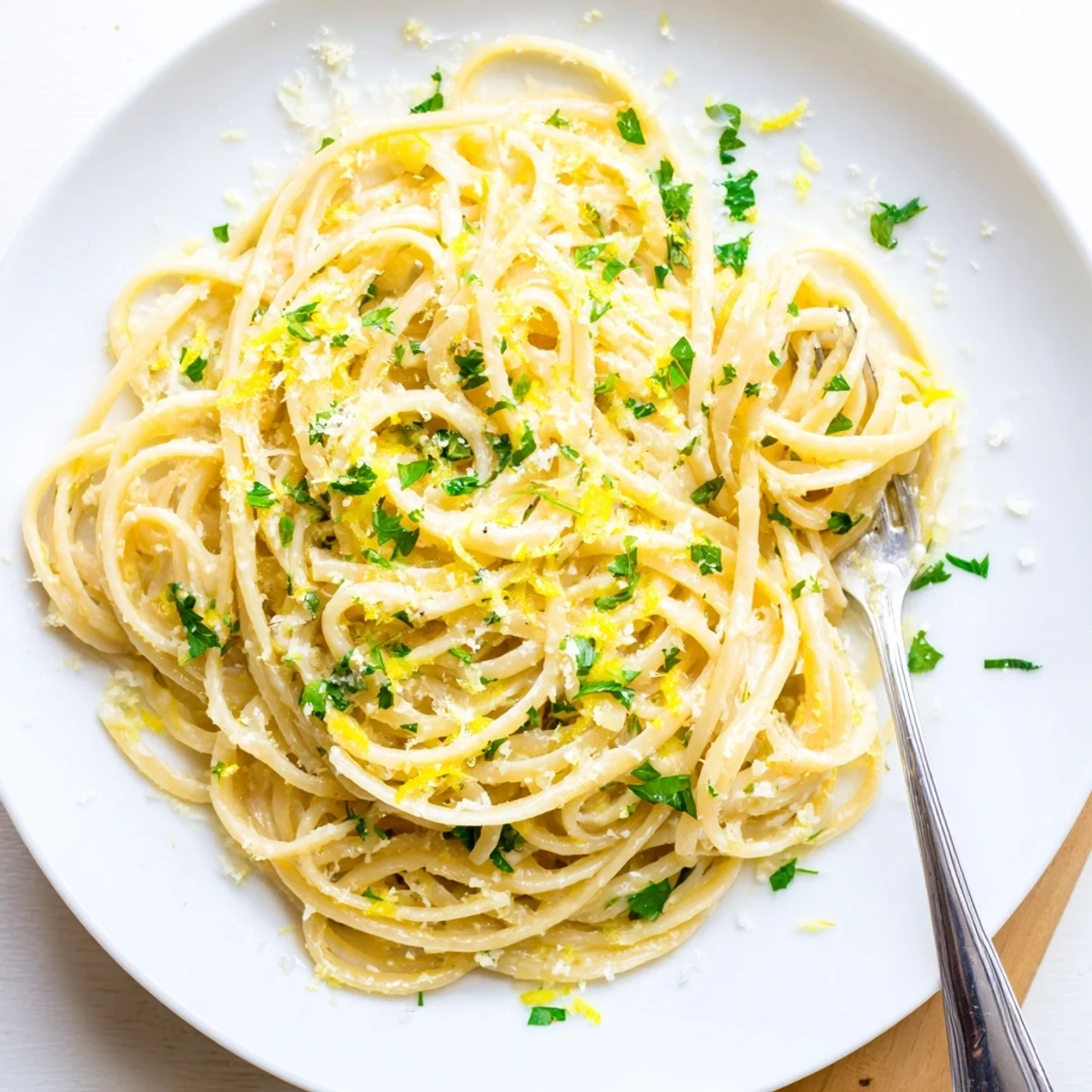 Golden spaghetti noodles swimming in rich garlic butter sauce with lemon zest and herbs