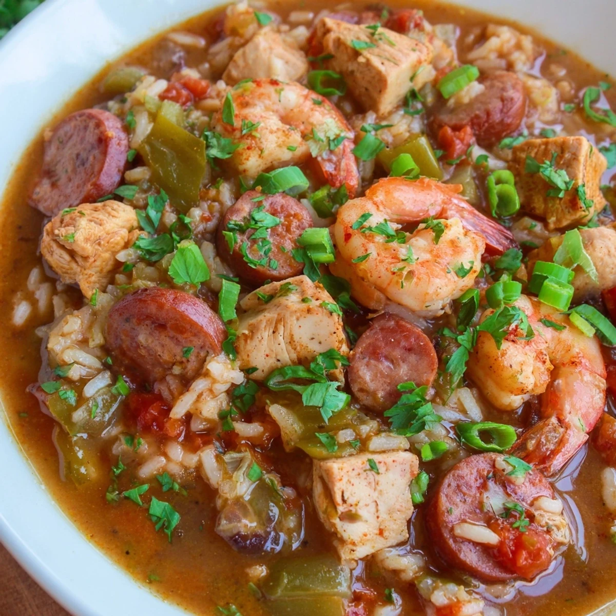 Slow cooker Crock Pot Jambalaya featuring tender chicken, andouille sausage, and pink shrimp in spicy tomato broth