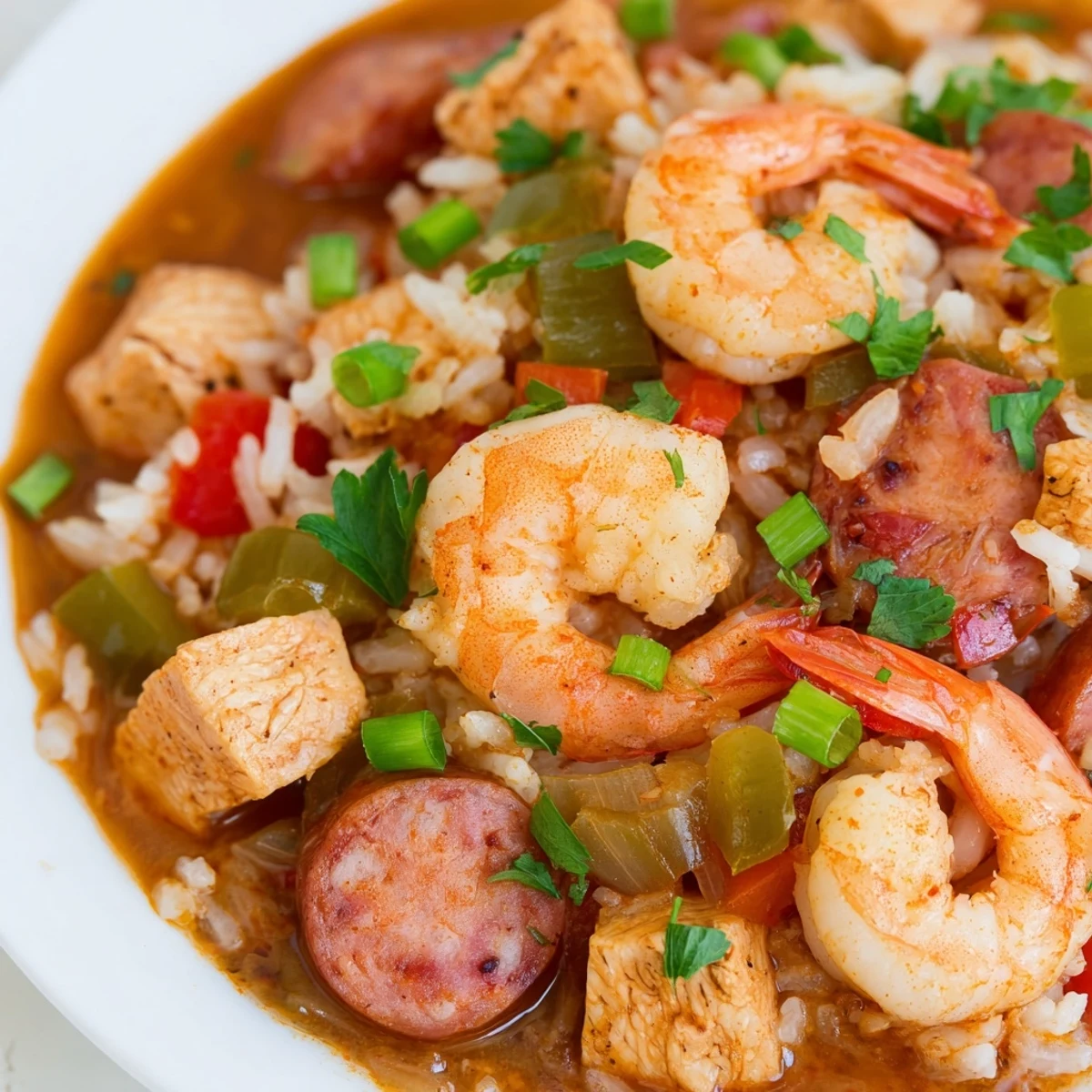 Hearty Crock Pot Jambalaya bowl packed with savory meats, fluffy rice, and colorful vegetables in rich Creole sauce