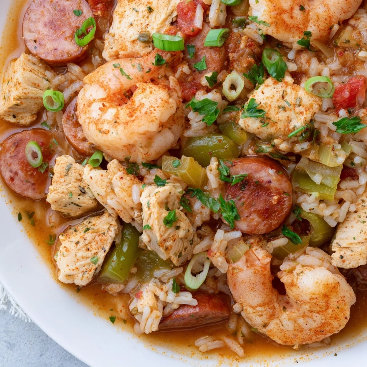 Steaming Crock Pot Jambalaya with succulent shrimp, sliced sausage, and chicken pieces garnished with fresh green onions