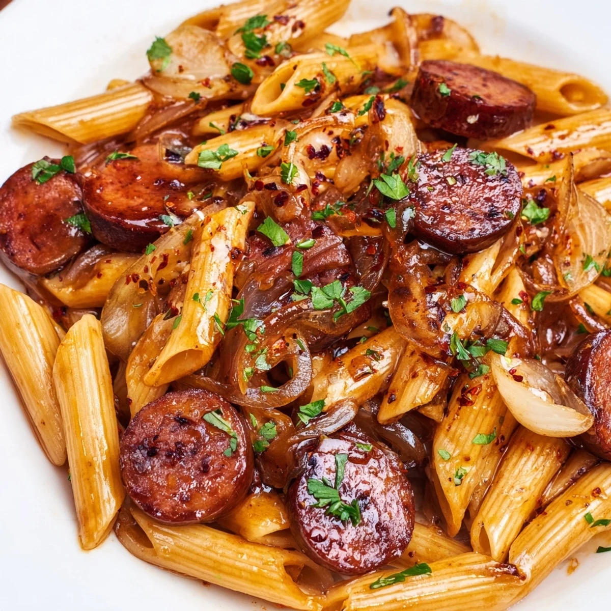 Golden brown sausage slices coat penne pasta in a glossy honey garlic glaze inside a cast iron skillet