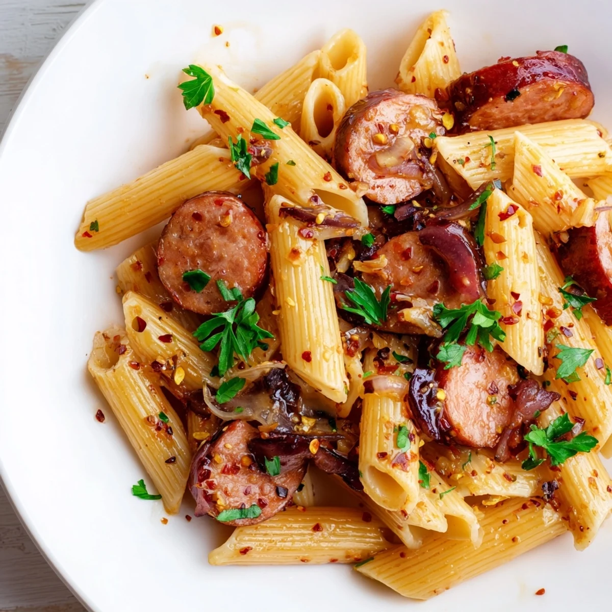 Tender pasta tossed with caramelized smoked sausage pieces in a thick sticky sweet and savory honey garlic sauce