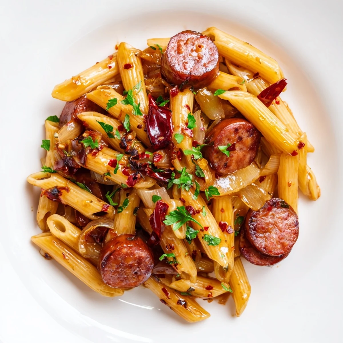 Steam rises from a one-pan meal featuring juicy sausage and pasta coated in a rich amber honey garlic sauce