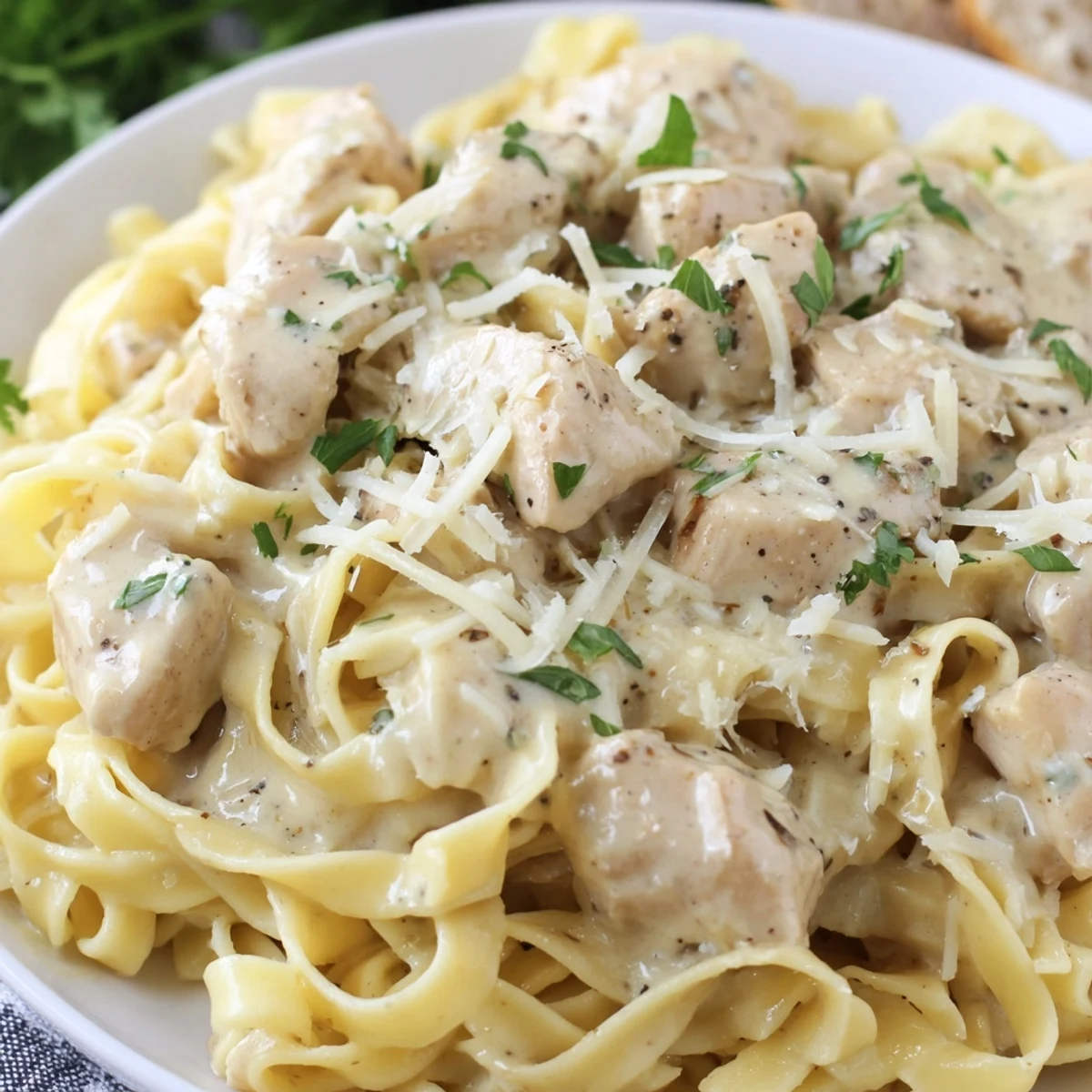 Golden chicken and al dente pasta swimming in rich white cheese sauce made in an Instant Pot