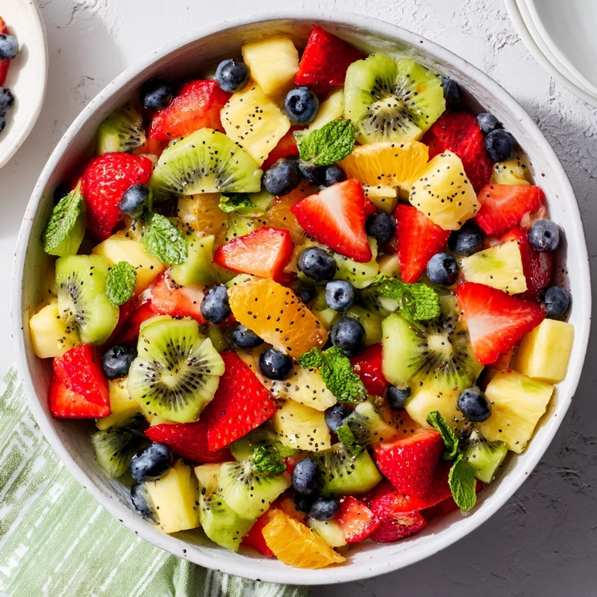 Colorful Easter fruit salad bowl overflowing with fresh strawberries, pineapple, kiwi, and mint garnish