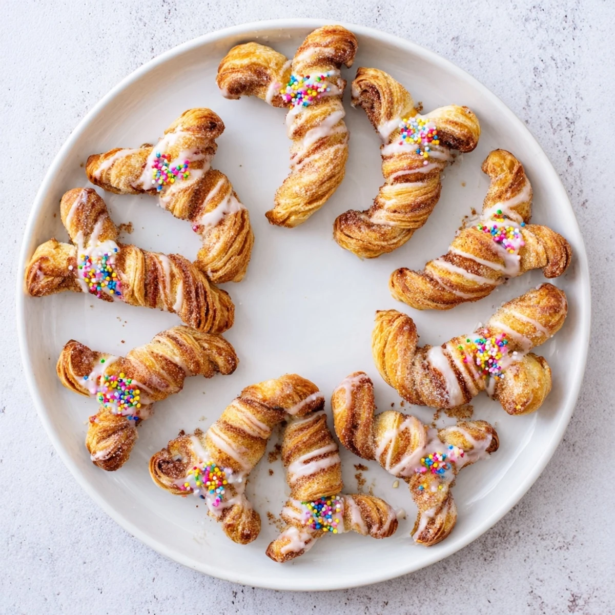 Fluffy cinnamon sugar pastry twists shaped into bunny ears for a festive Easter dessert display