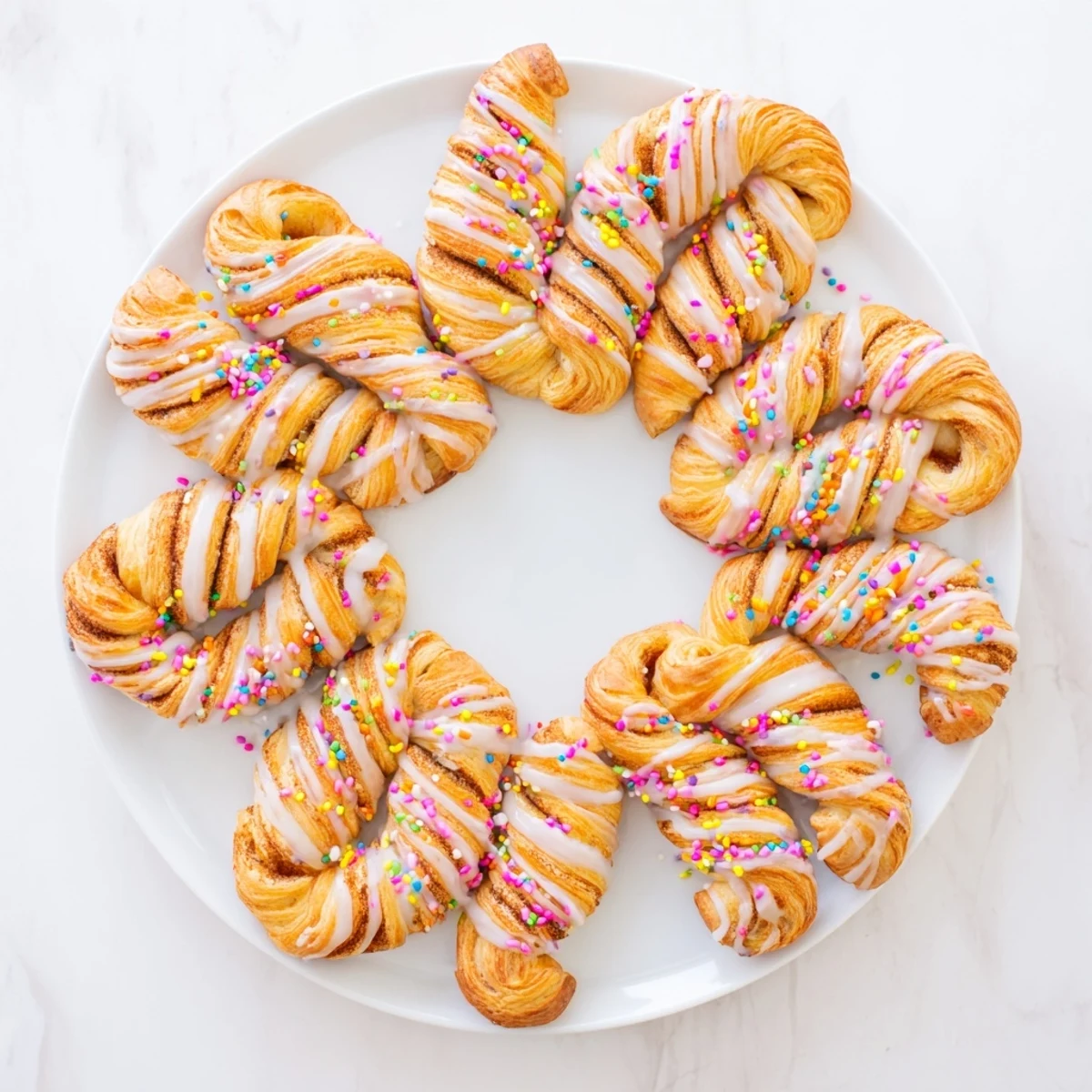 Golden Easter Bunny Twists drizzled with white icing and colorful sprinkles on a white plate