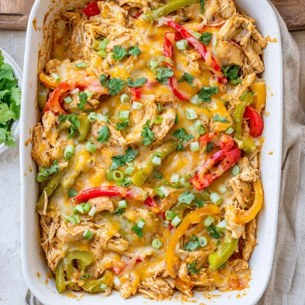 Baked cheesy chicken fajita casserole topped with melted Mexican cheese over tender spiced chicken and peppers