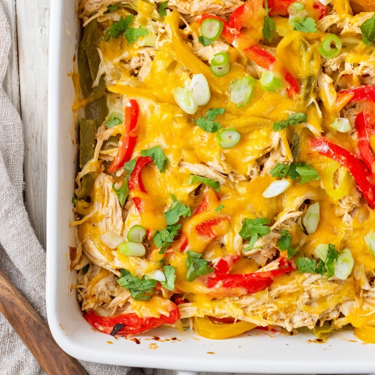 Golden bubbly cheesy chicken fajita casserole with colorful peppers fresh from the oven