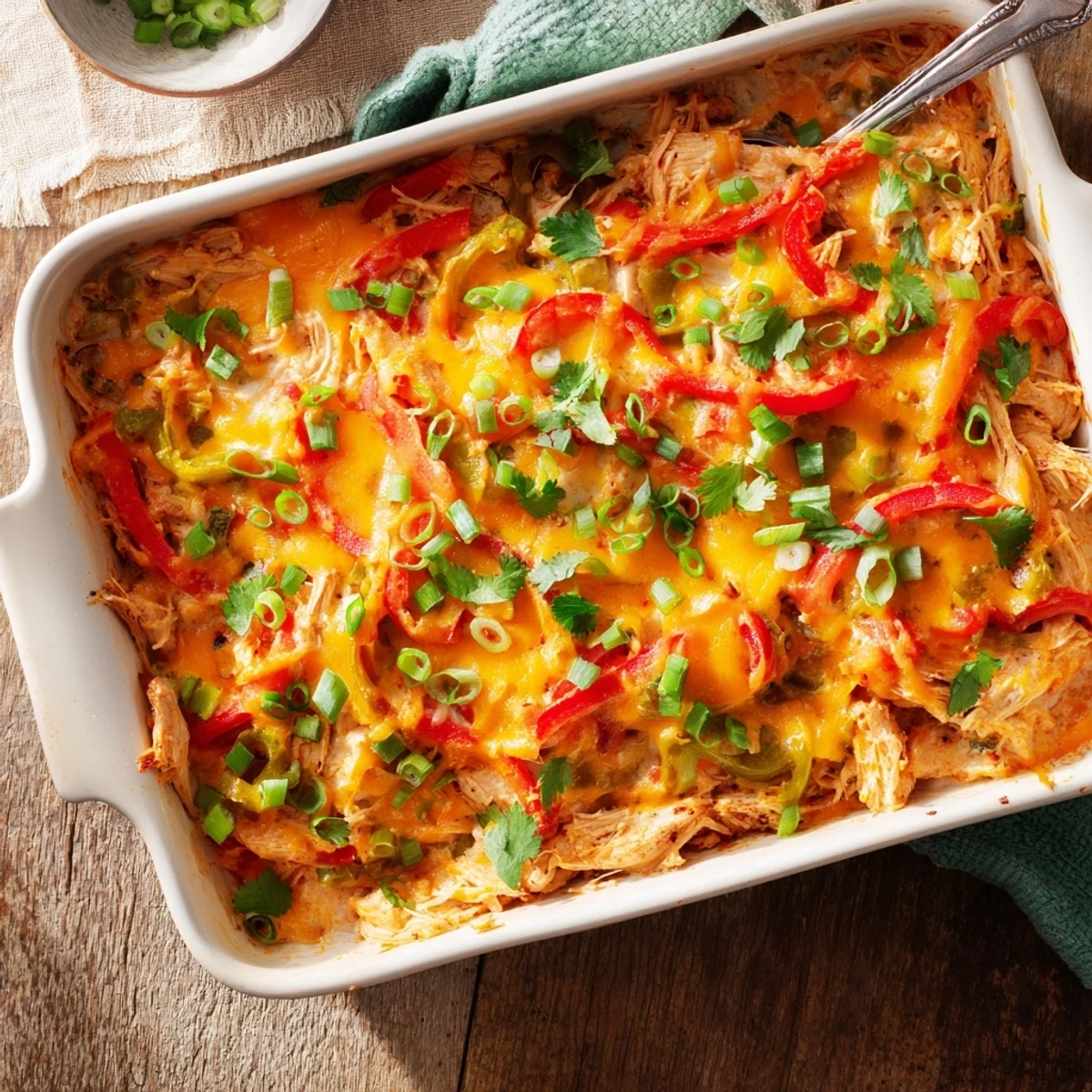 Hearty cheesy chicken fajita casserole served hot with vibrant bell peppers and onions in a cozy baking dish