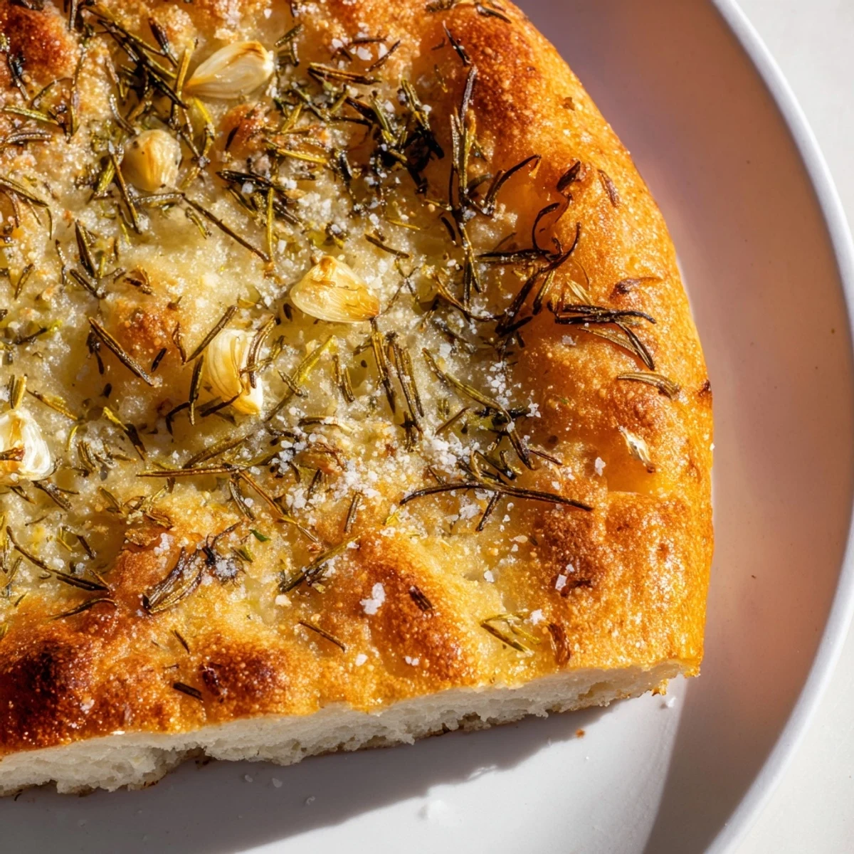Golden rustic garlic rosemary skillet bread with flaky sea salt sprinkled on top