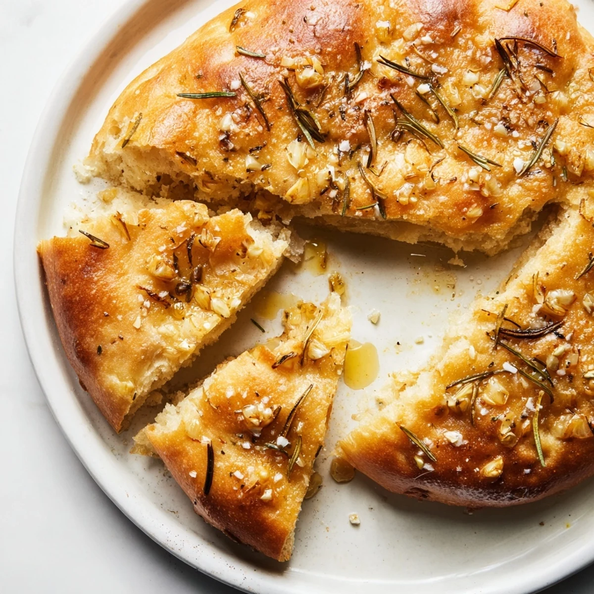 Homemade rustic garlic rosemary bread with crisp edges and chewy interior in cast iron