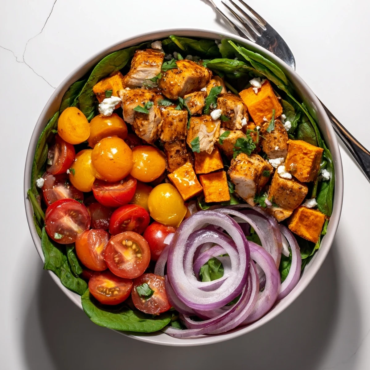 Golden glazed chicken breast sliced over roasted sweet potato cubes in a wholesome bowl with fresh baby spinach and colorful vegetables