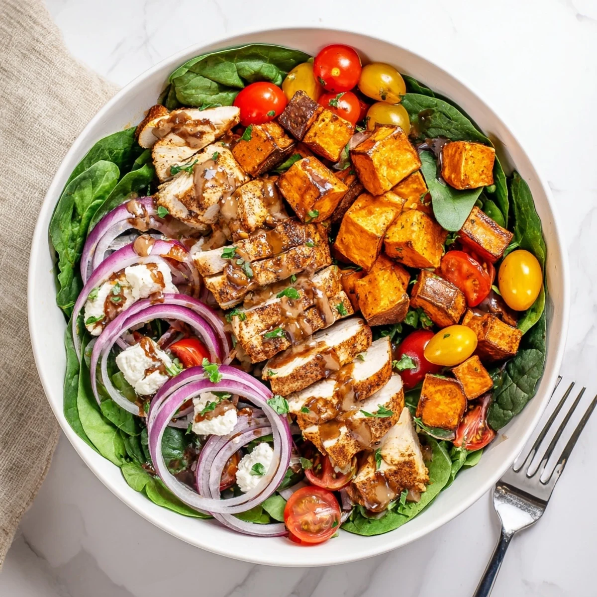Juicy maple Dijon chicken rests atop tender roasted sweet potatoes surrounded by cherry tomatoes and crisp greens in a nourishing grain-free meal