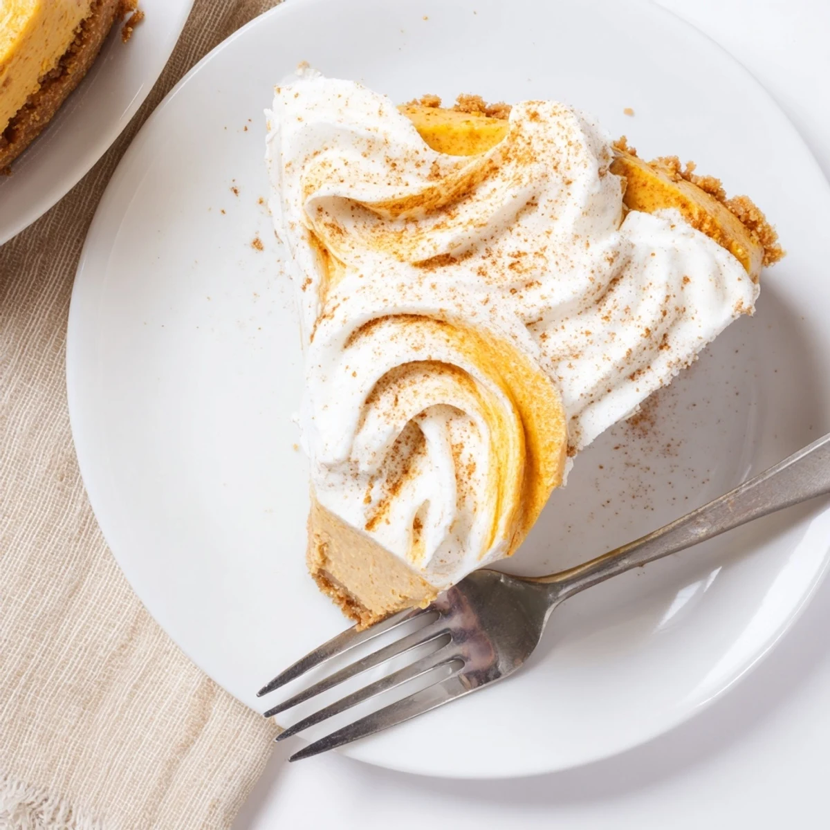 Golden slice of pumpkin spice Christmas cheesecake with whipped cream on spiced graham crust