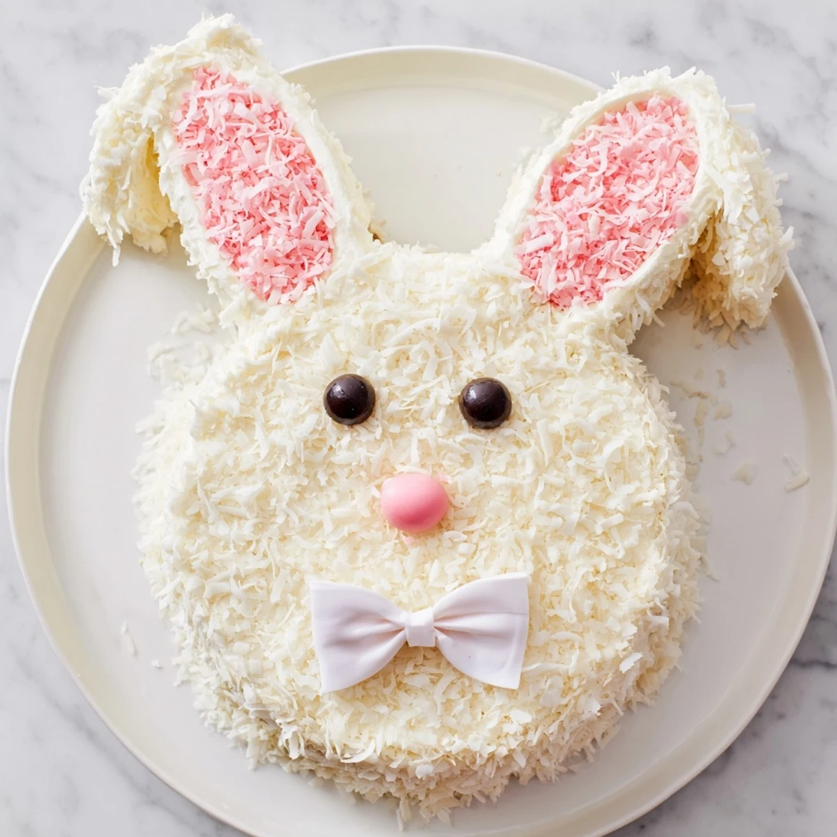 Adorable bunny cake with fluffy coconut fur and pink fondant ears on a white serving platter