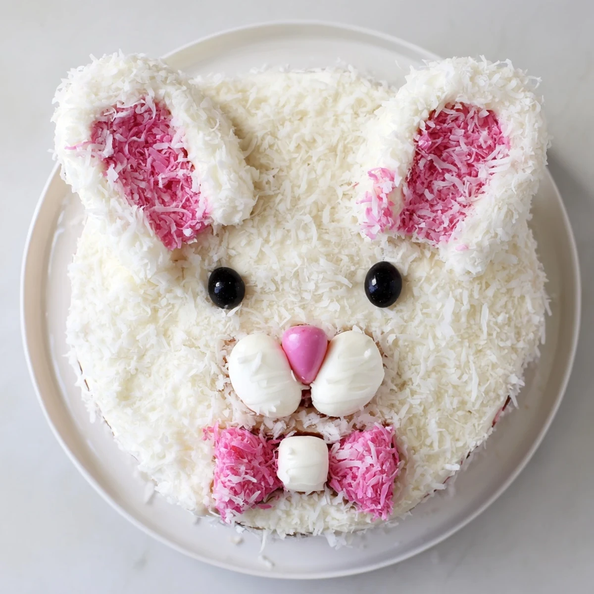 Moist vanilla bunny cake covered in buttercream frosting and coconut with candy facial features