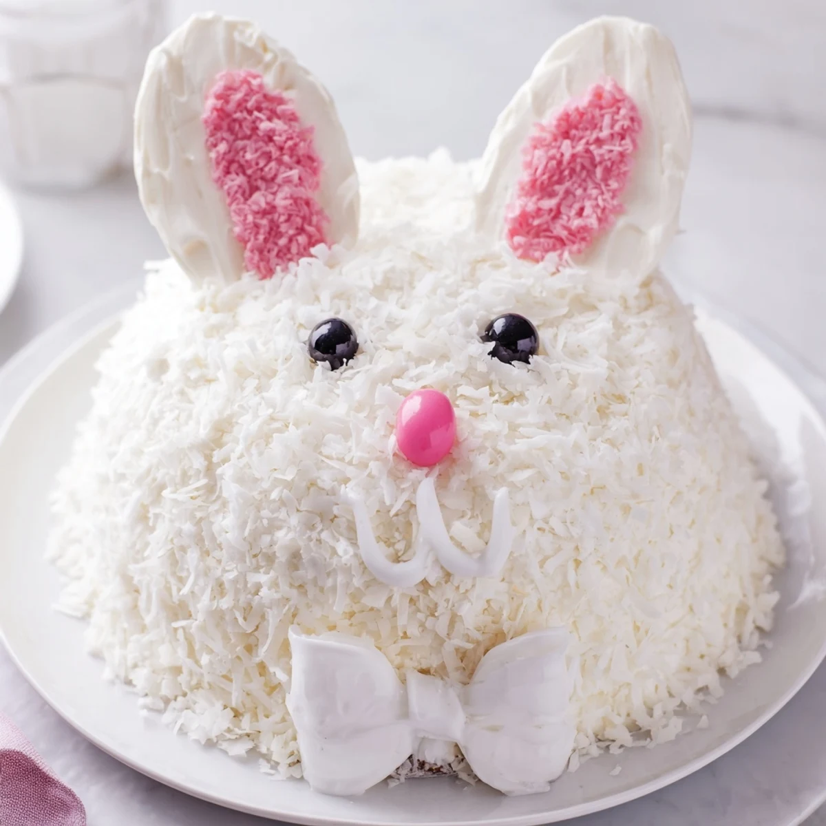 Easter bunny cake decorated with jellybeans, coconut sprinkles, and whimsical bow tie shape