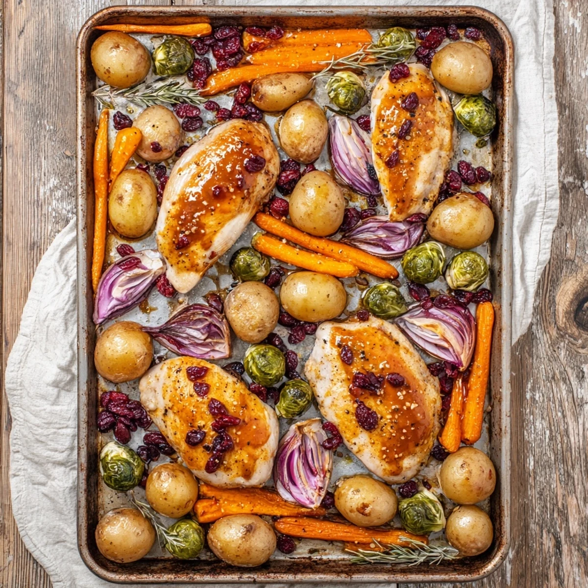Glossy honey cranberry glazed chicken dinner featuring colorful roasted vegetables in one easy pan