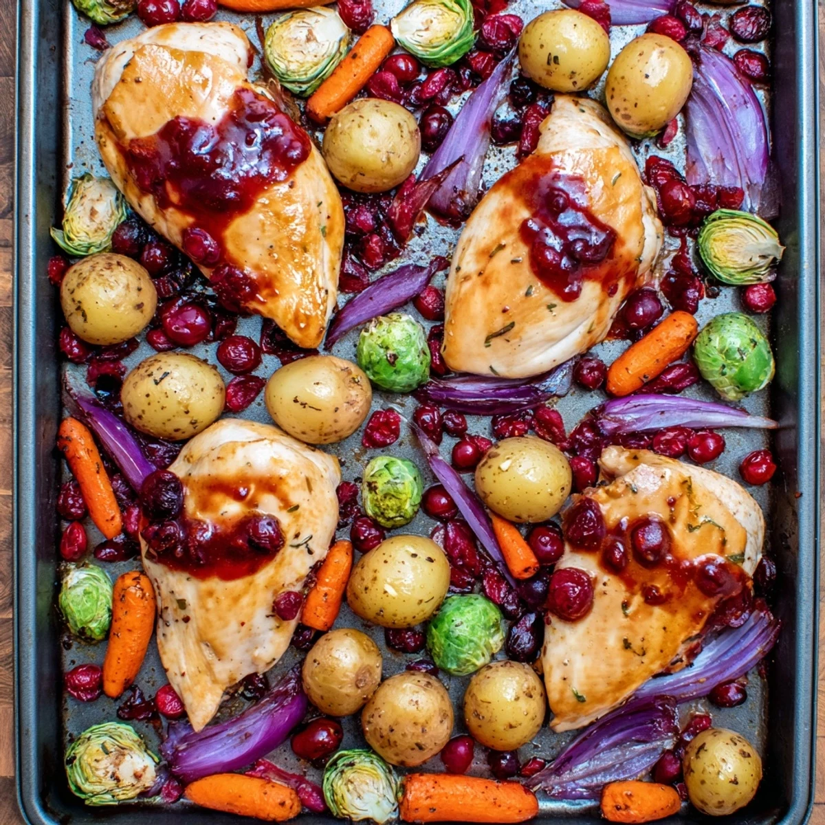 Golden roasted honey cranberry chicken breasts with caramelized Brussels sprouts and baby potatoes on a baking sheet