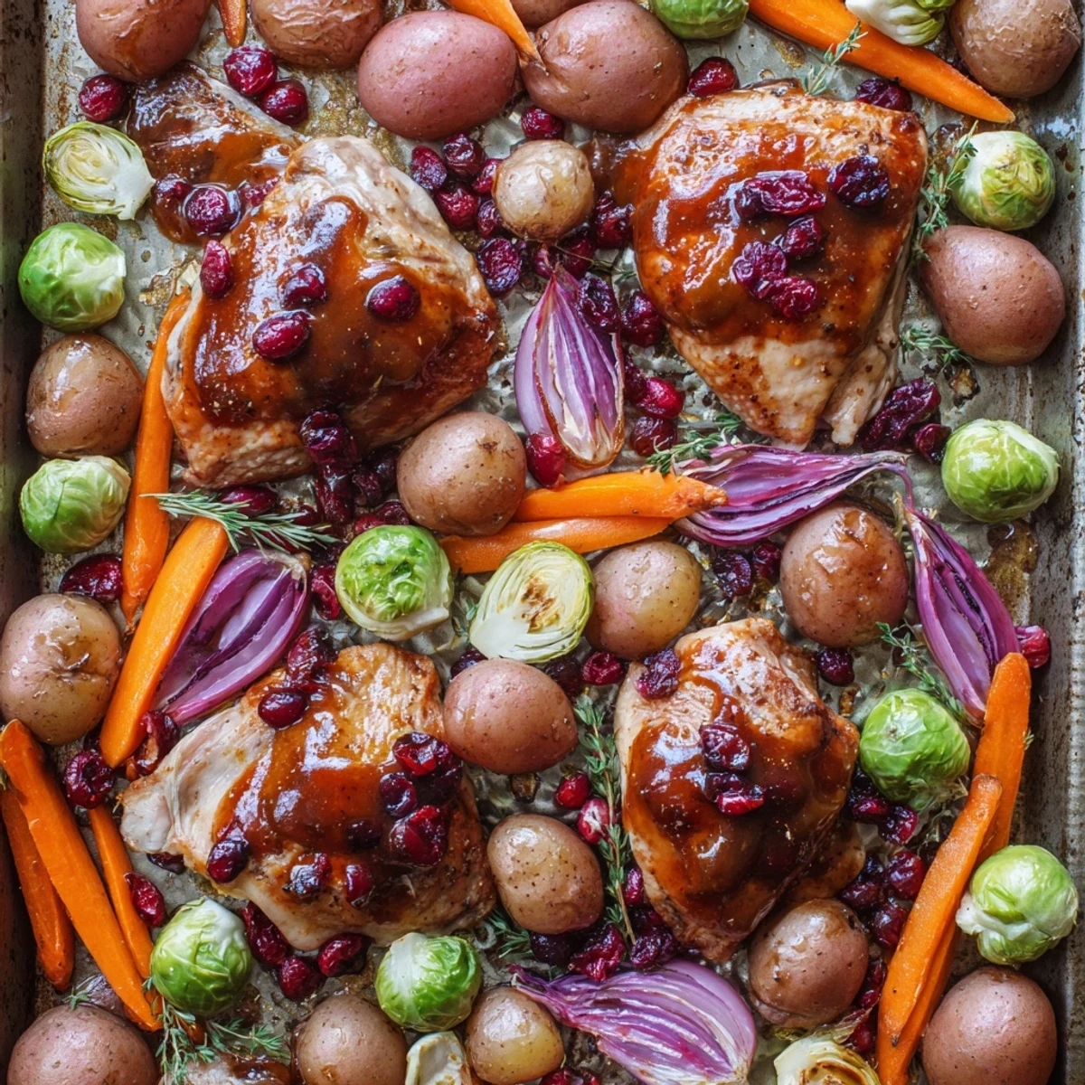 Juicy chicken thighs coated in sticky honey cranberry sauce alongside tender roasted root vegetables