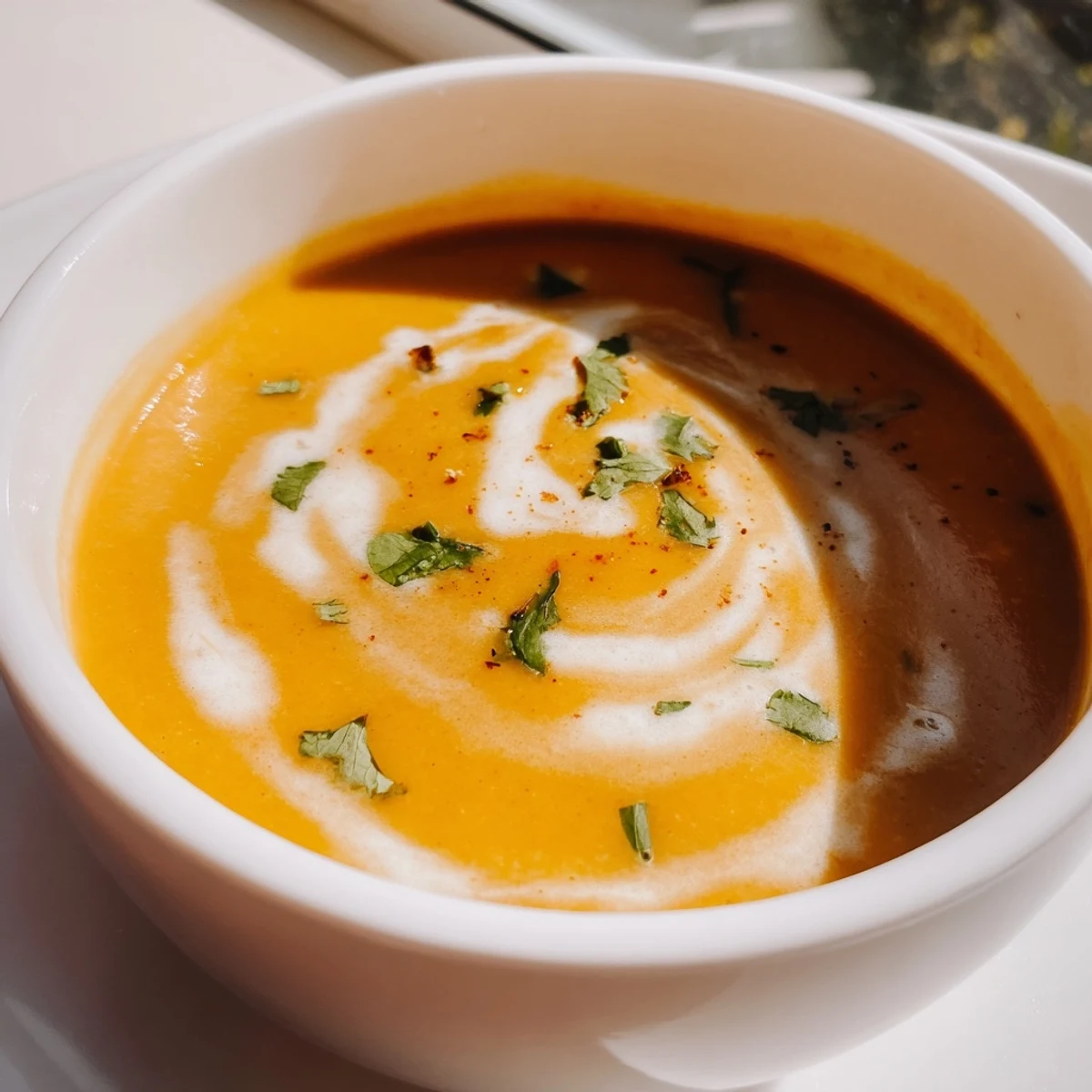 Creamy spicy apple soup recipe garnished with coconut cream and fresh herbs in a white bowl