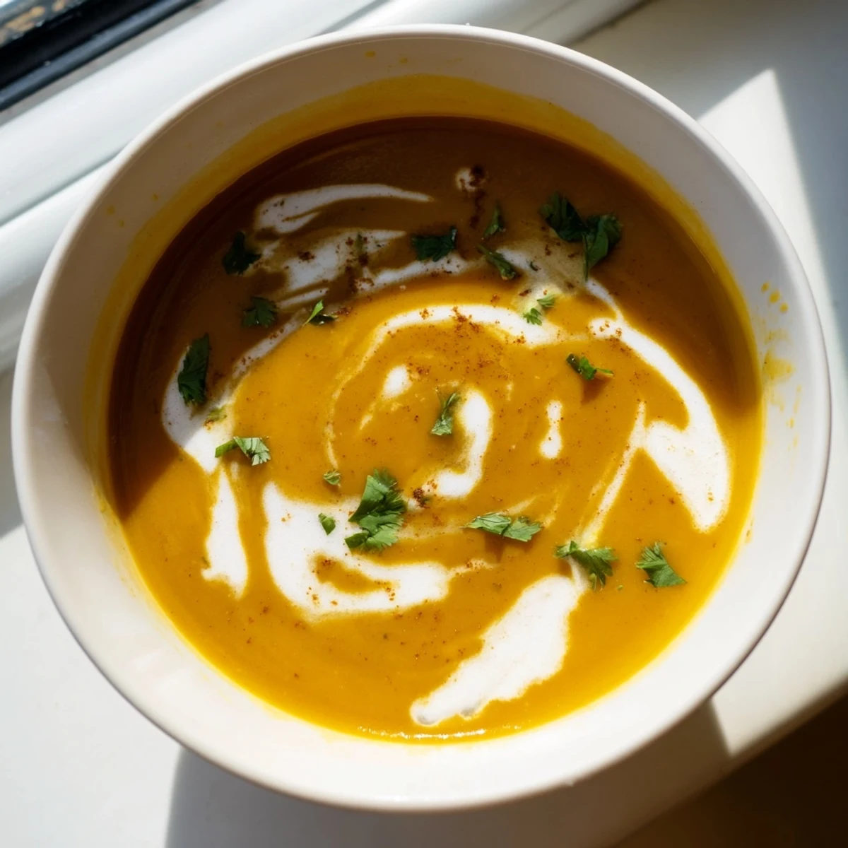 Steaming bowl of spicy apple soup recipe with cinnamon dusting and rustic bread on the side