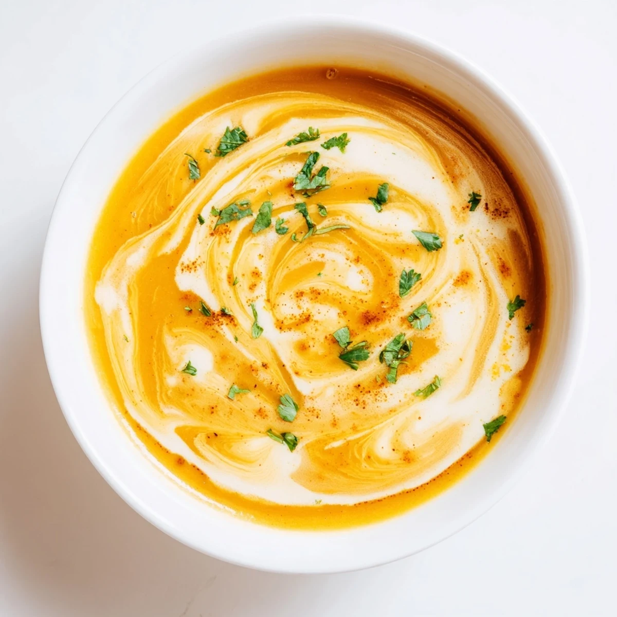 Vibrant orange spicy apple soup recipe ladled into a ceramic bowl with coconut swirl and cilantro