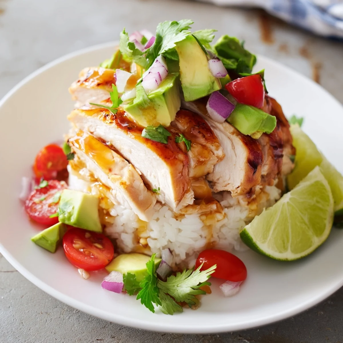 Honey lime chicken avocado rice stack featuring grilled chicken slices over fluffy white rice with creamy avocado layers