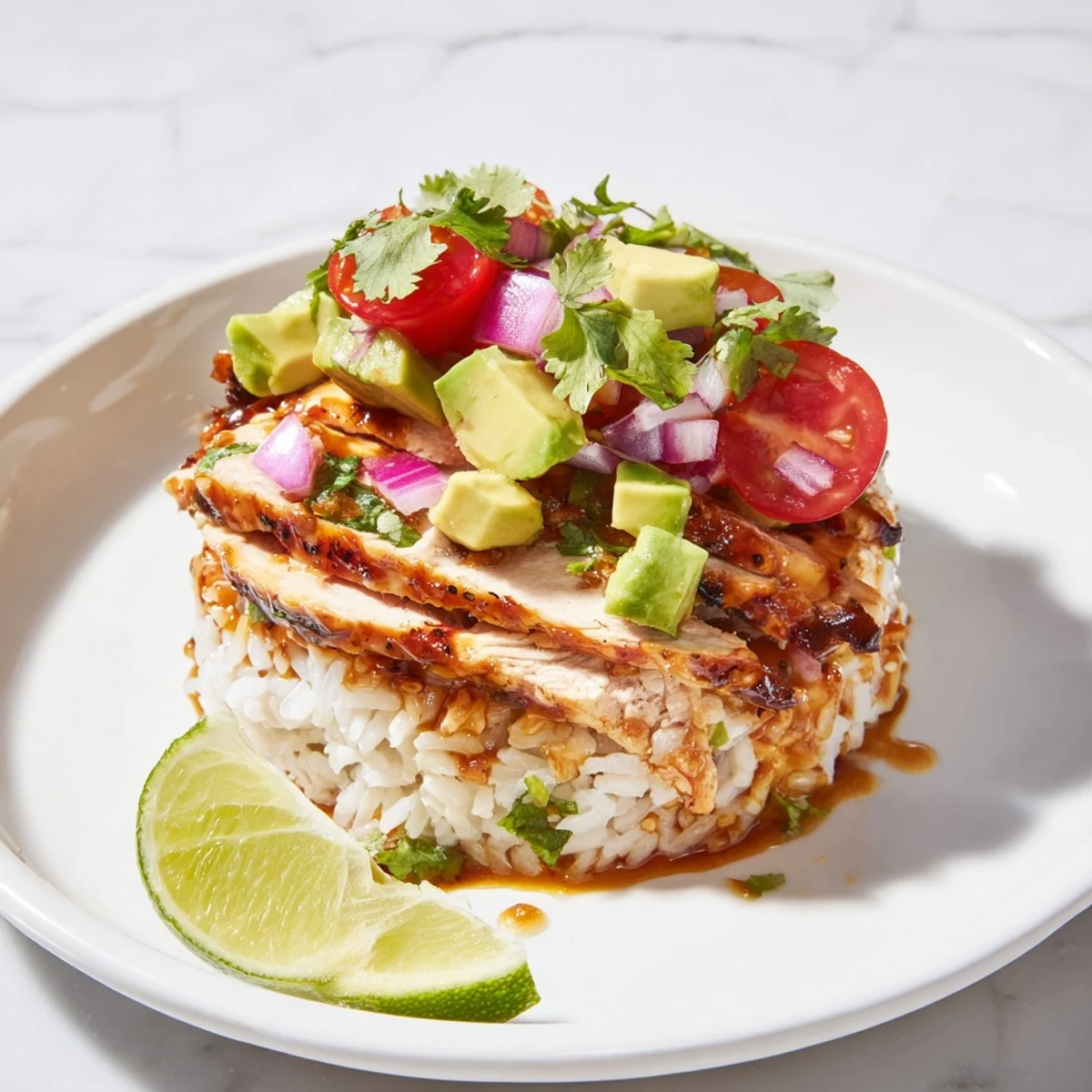Vibrant honey lime chicken avocado rice stack served in a neat tower with juicy cherry tomatoes and garnish