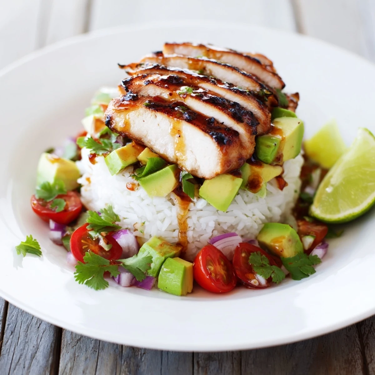 Layered honey lime chicken avocado rice stack topped with fresh cilantro, diced red onion, and lime wedges