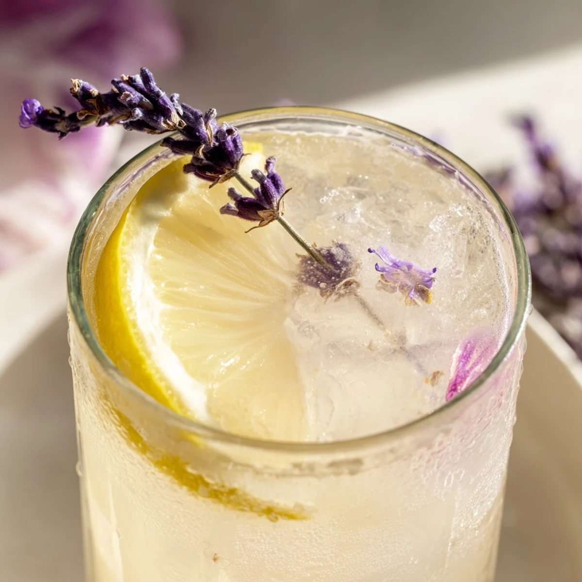Refreshing lavender lemonade poured over ice with floating lavender flowers and citrus wedges