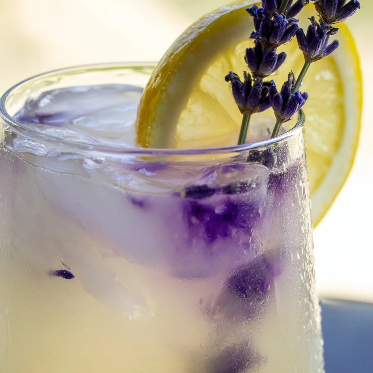 Glass pitcher of lavender lemonade garnished with fresh lemon slices and purple sprigs