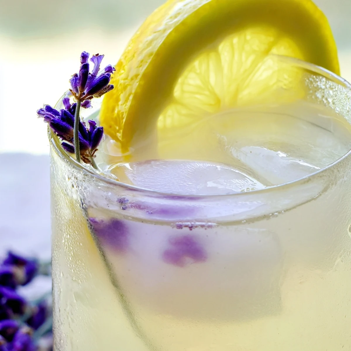 Golden lavender lemonade in a mason jar topped with ice and lemon wheel garnish