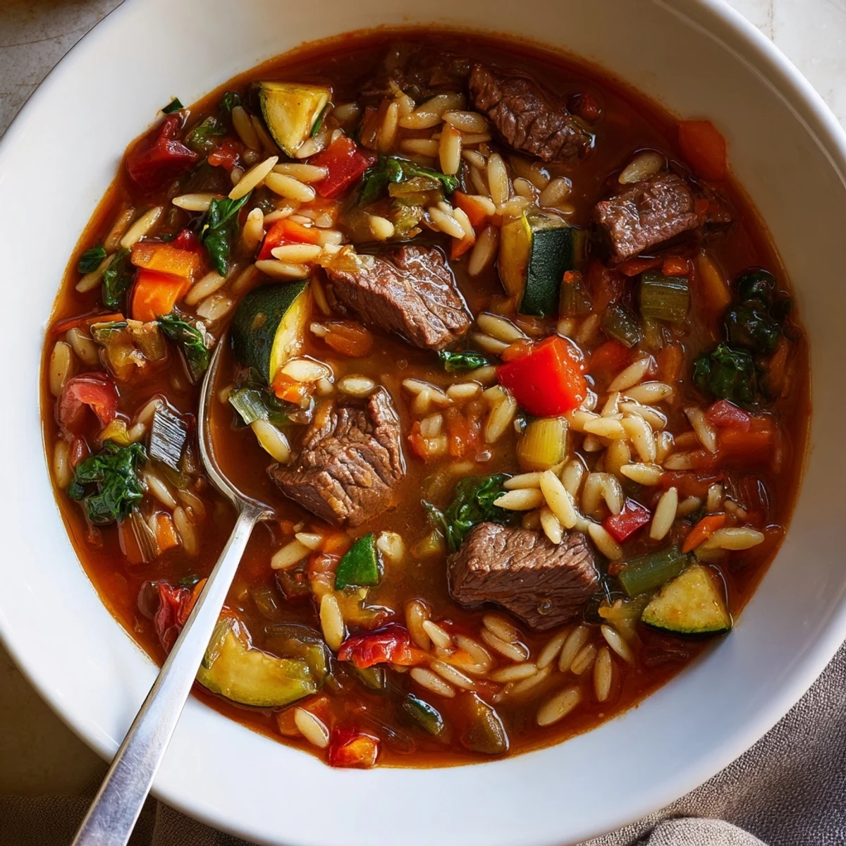 Hearty beef and orzo soup with tender meat and colorful garden vegetables in steaming bowls