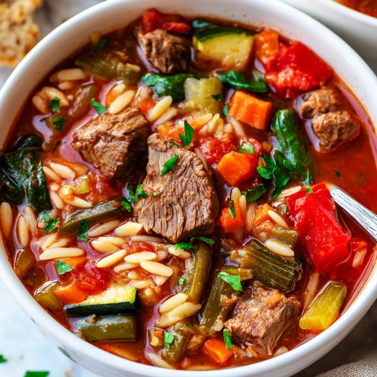 A rustic pot of hearty beef and orzo soup brimming with fresh carrots, spinach, and zucchini